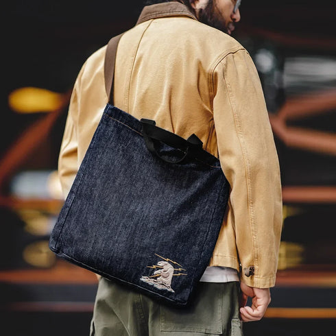 Retro 14oz Denim Crossbody Tote Bag with Embroidery Design